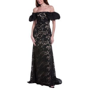 Rene Ruiz Womens  Floral Embroidered Gown, Black